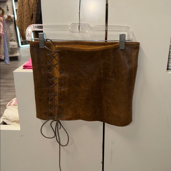 1XBLUE Leather Lace Up Skirt in Brown - Picture 6 of 7